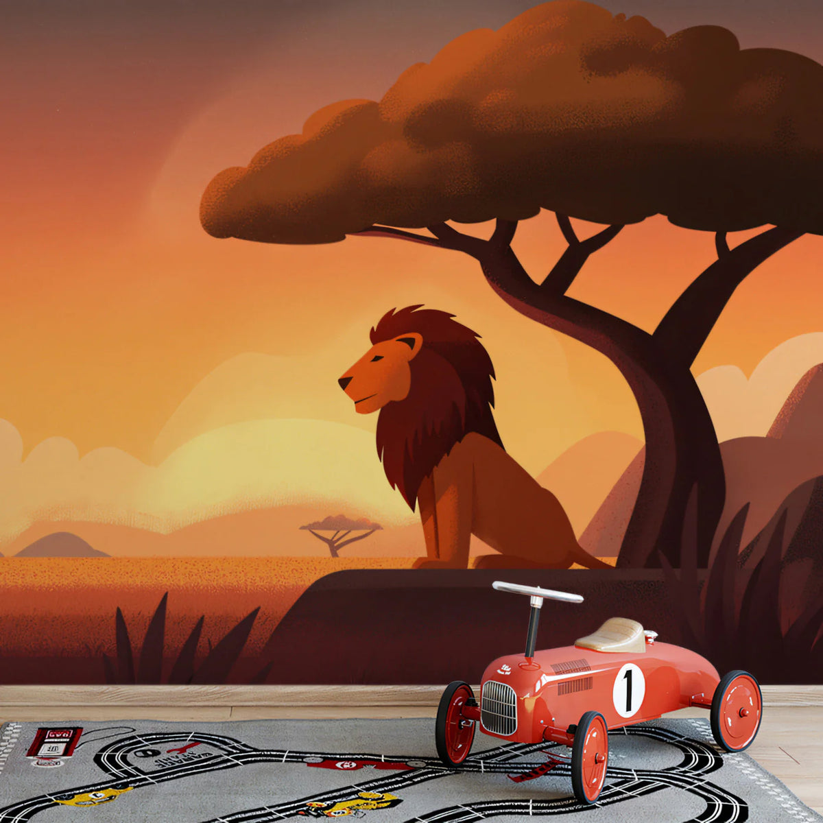 Lion at Sunset Savannah Mural Wallpaper — Minimalist Landscape Mural Wallpaper - pure wallpaper artwork