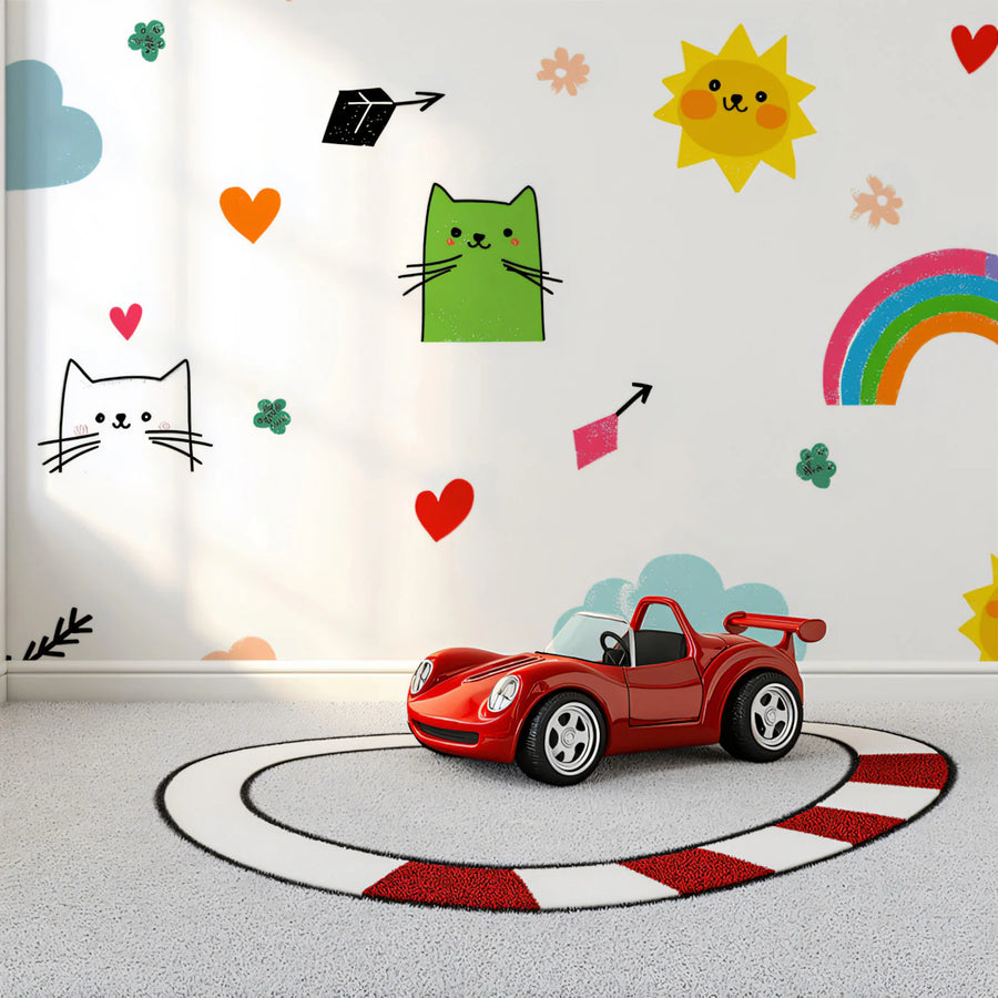 Kawaii Cat and Rainbow Mural Wallpaper — Playful Doodle Pattern Mural Wallpaper