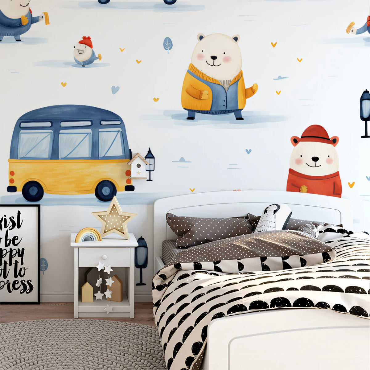 Winter Polar Bear Friends Mural Wallpaper — Whimsical Kids Scene Mural Wallpaper - pure wallpaper artwork