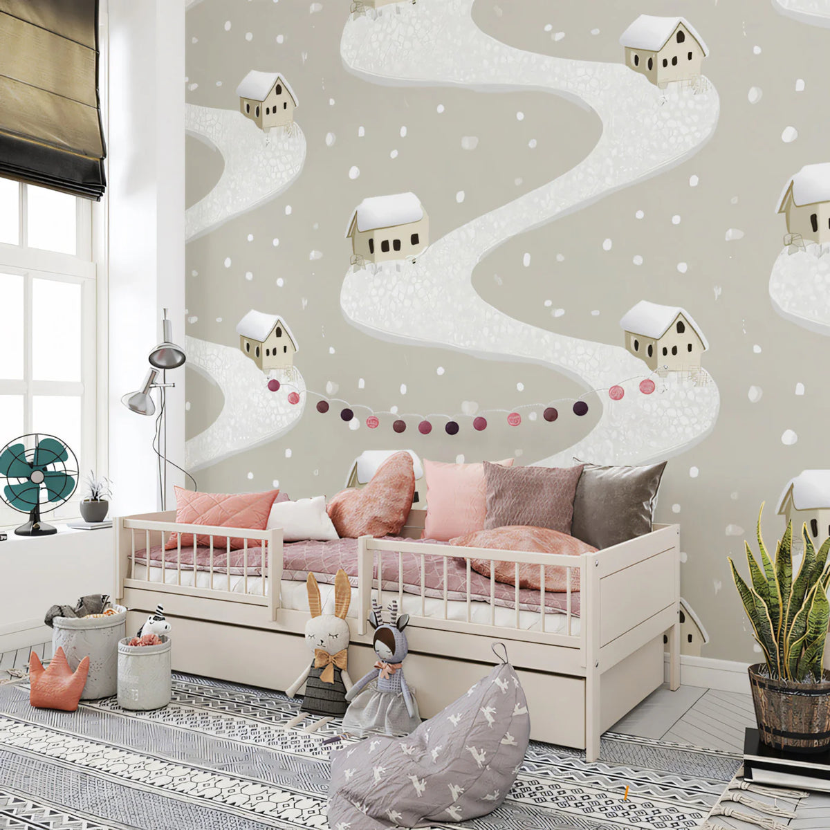 Snowy Village Road Mural Wallpaper — Minimalist Winter Scene Mural Wallpaper - pure wallpaper artwork