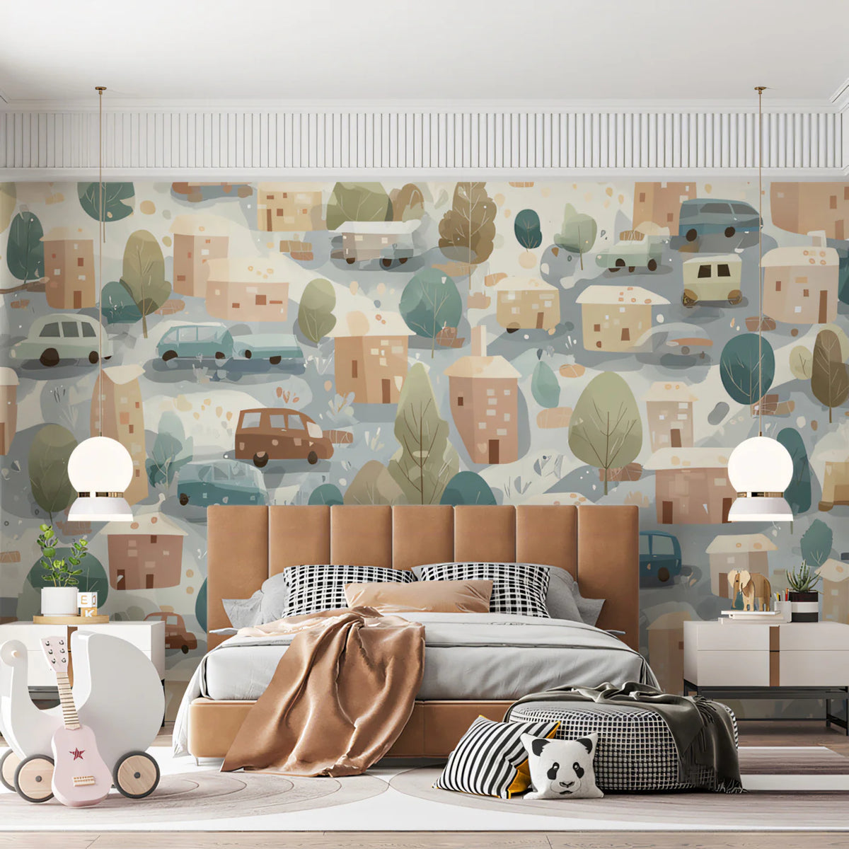 Watercolor Village and Cars Mural Wallpaper —Handcrafted Aesthetic Mural Wallpaper - pure wallpaper artwork