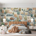 Watercolor Village and Cars Mural Wallpaper —Handcrafted Aesthetic Mural Wallpaper - pure wallpaper artwork