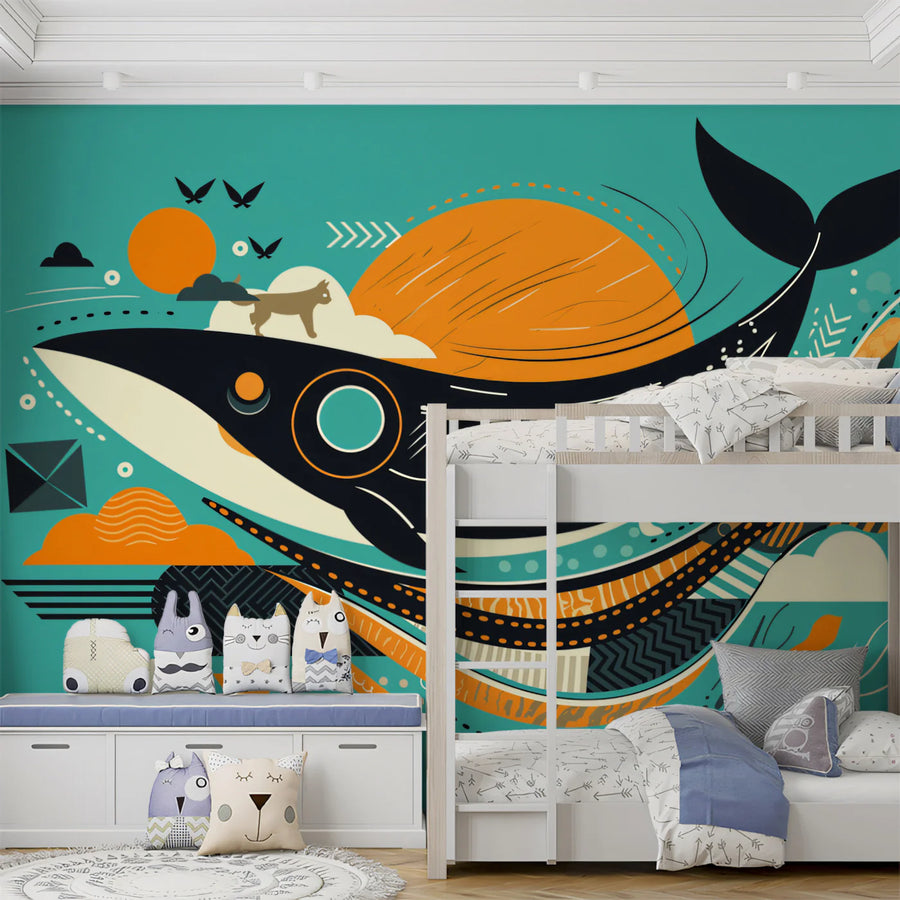 Abstract Whale & Sun Mural Wallpaper — Mid-Century Graphic Art Mural Wallpaper