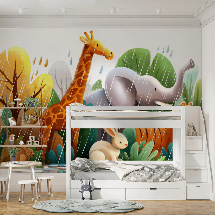 Safari Friends Rain Mural Wallpaper — Whimsical Jungle Illustration Mural Wallpaper