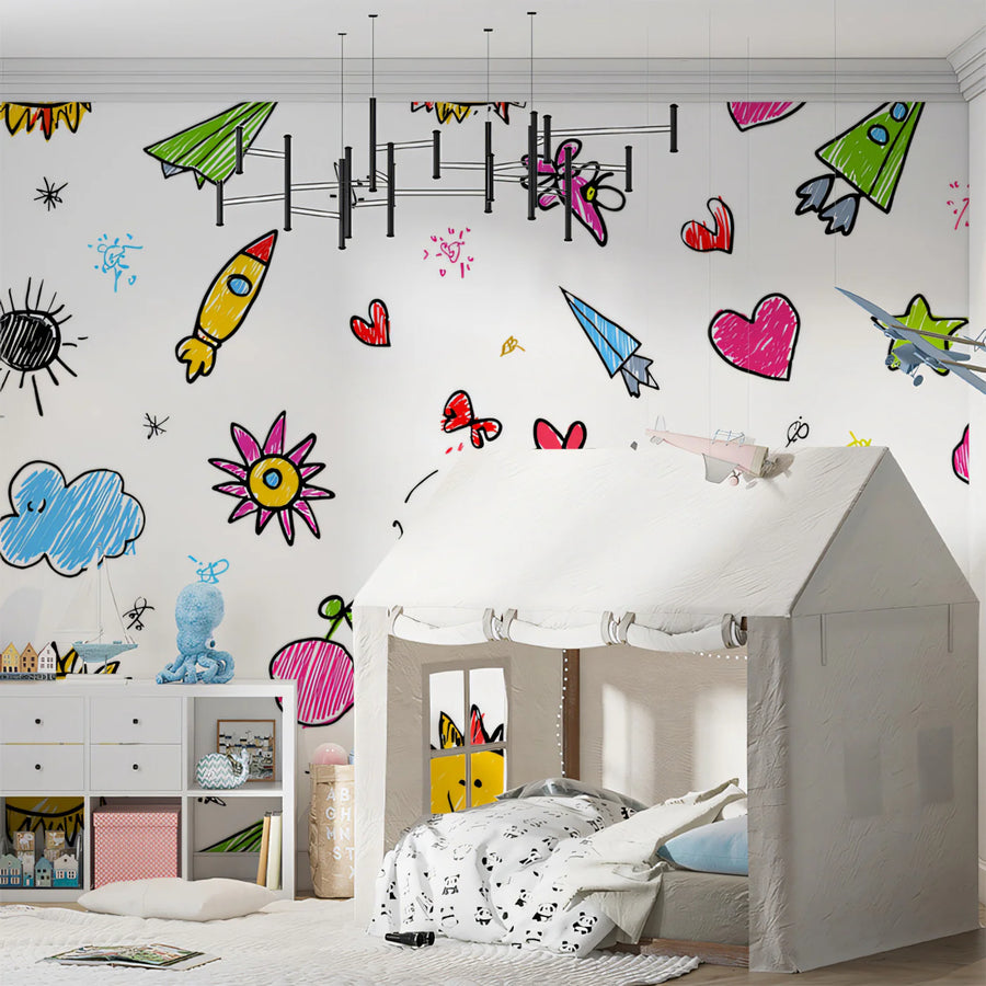 Childhood Doodle Sketch Mural Wallpaper —Whimsical Hand-Drawn Motifs Mural Wallpaper