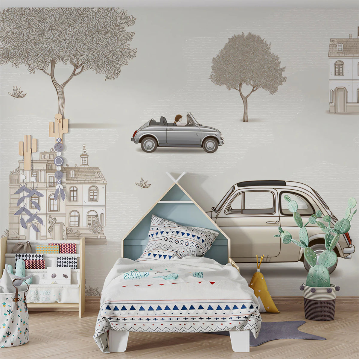 Vintage European City Car Mural Wallpaper — Sketch Scenic Design Mural Wallpaper - pure wallpaper artwork