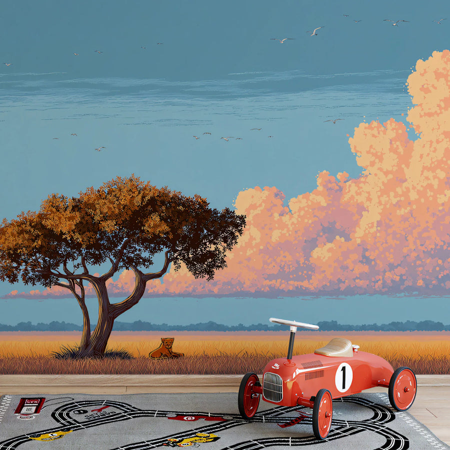 African Savannah Pixel Art Mural Wallpaper — Golden Horizon Scene Mural Wallpaper