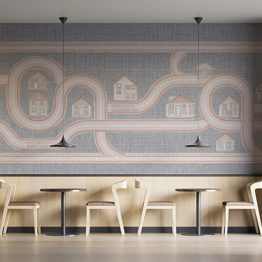 Road Map & Village Houses Mural Wallpaper — Minimalist Play Map Mural Wallpaper