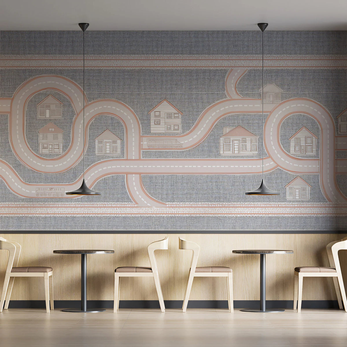 Road Map & Village Houses Mural Wallpaper — Minimalist Play Map Mural Wallpaper - pure wallpaper artwork