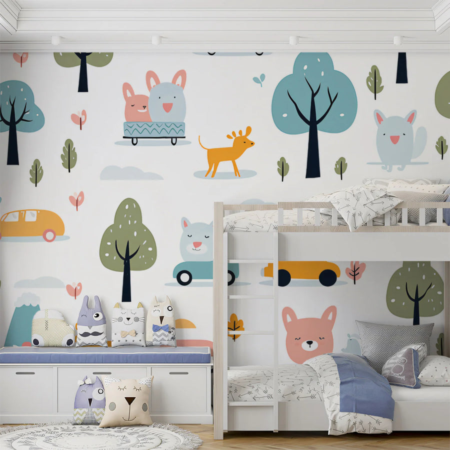 Kawaii Woodland Adventure Mural Wallpaper — Playful Animal Scene Mural Wallpaper