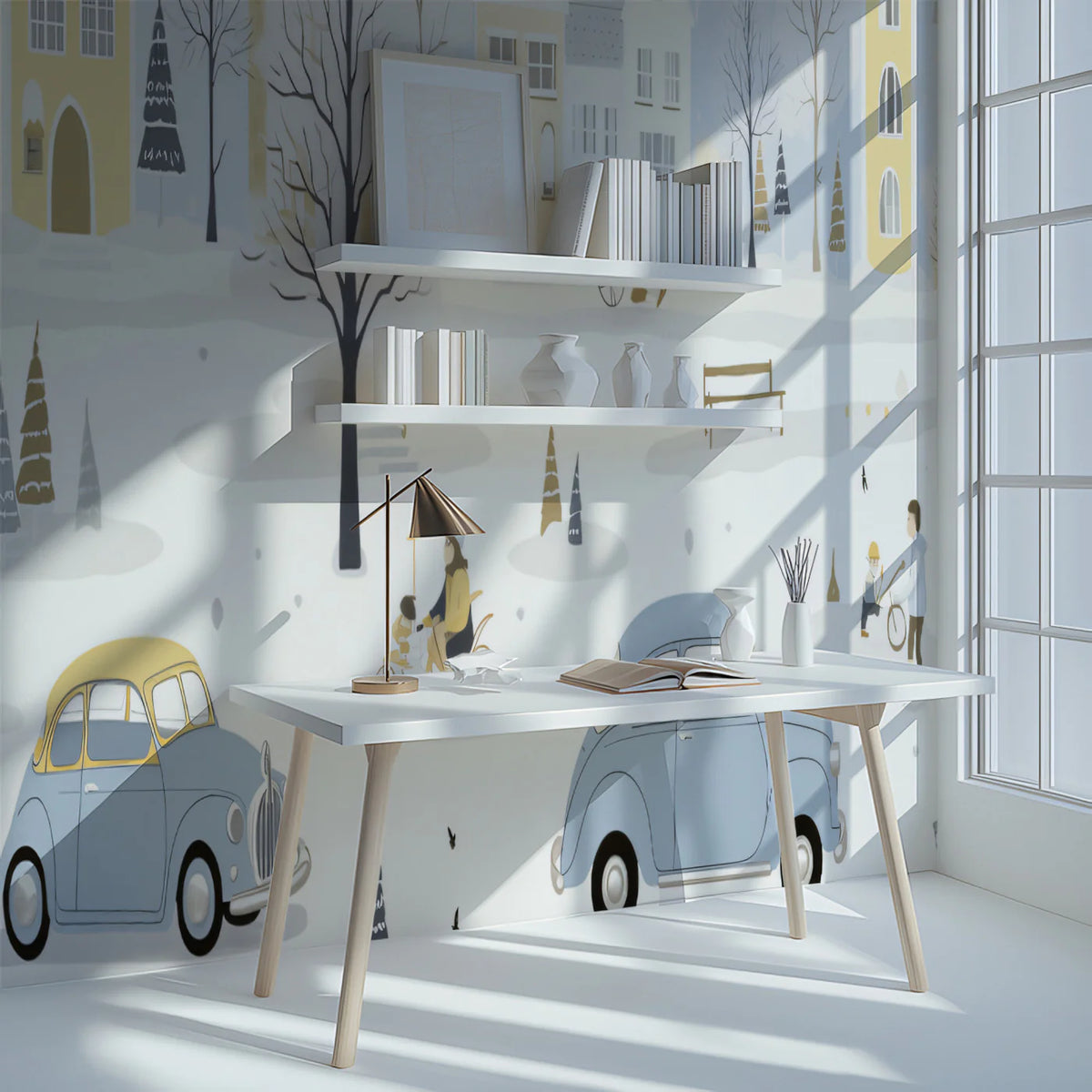 Vintage Winter Village Mural Wallpaper —Scandinavian Snow Scene Mural Wallpaper - pure wallpaper artwork