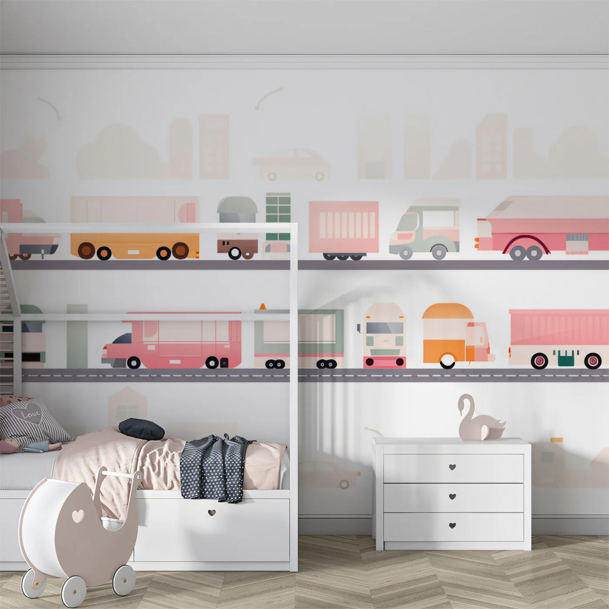 Geometric City Truck Mural Wallpaper — Playful Urban Design Mural Wallpaper - pure wallpaper artwork