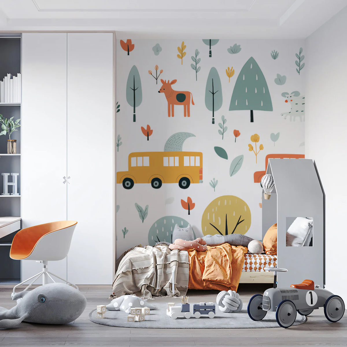 Safari Folk Art Mural Wallpaper — Whimsical Animals and Cars Mural Wallpaper - pure wallpaper artwork