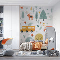 Safari Folk Art Mural Wallpaper — Whimsical Animals and Cars Mural Wallpaper - pure wallpaper artwork