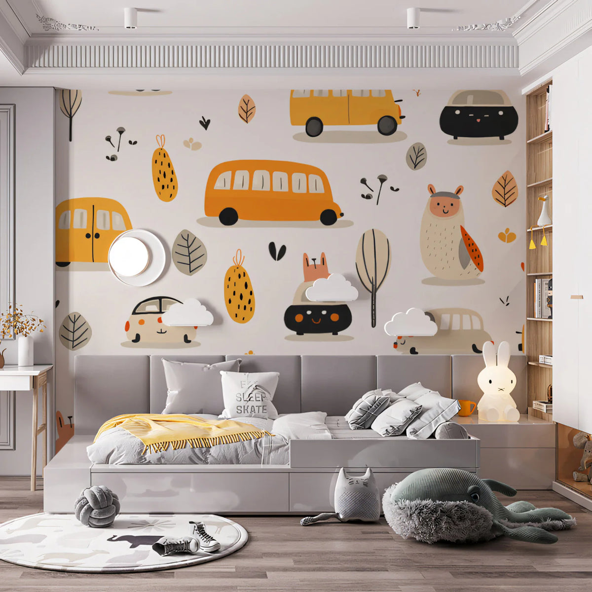 Kawaii Car and Owl Doodle Mural Wallpaper — Playful Autumn Motif Mural Wallpaper - pure wallpaper artwork