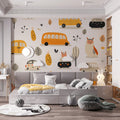 Kawaii Car and Owl Doodle Mural Wallpaper — Playful Autumn Motif Mural Wallpaper - pure wallpaper artwork