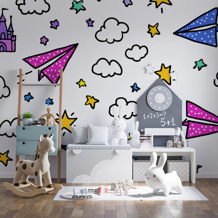Doodle Castle and Airplane Mural Wallpaper — Whimsical Kids Pattern Mural Wallpaper