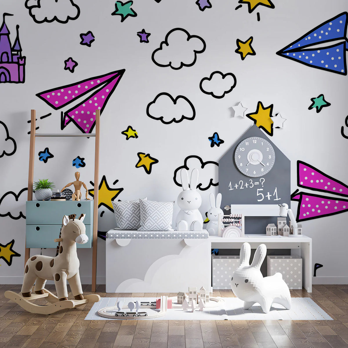 Doodle Castle and Airplane Mural Wallpaper — Whimsical Kids Pattern Mural Wallpaper - pure wallpaper artwork