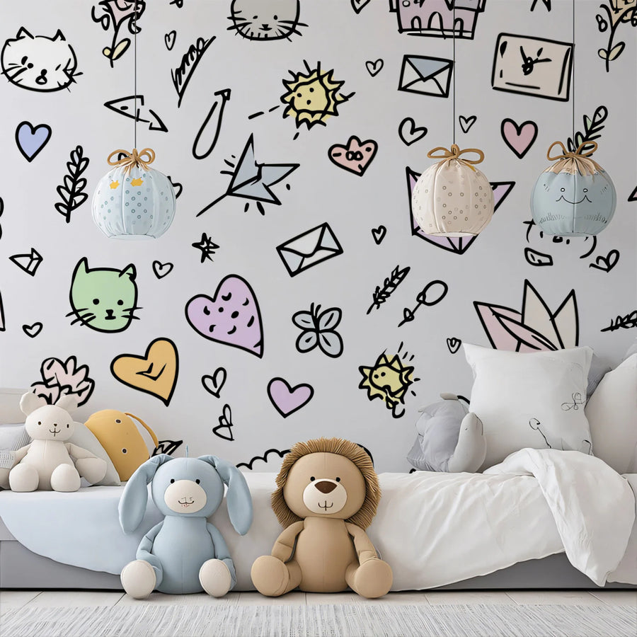 Kawaii Doodle Mural Wallpaper — Playful Line Art Motif Mural Wallpaper
