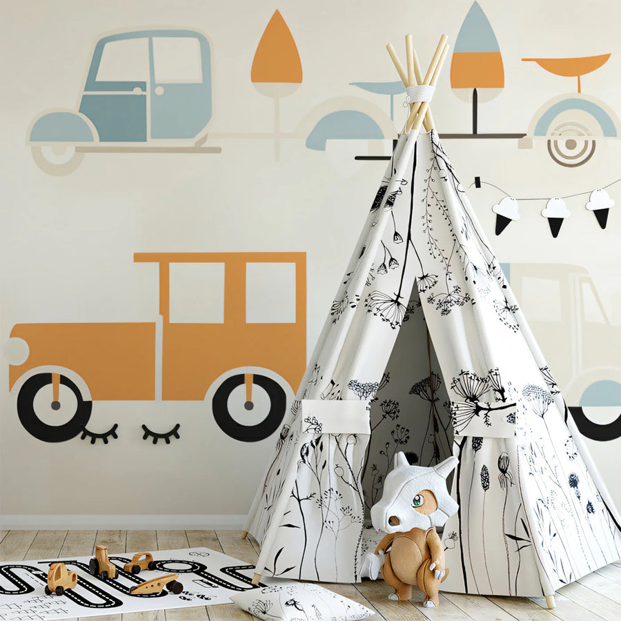 Retro Vehicle Geometric Mural Wallpaper — Playful Transport Print Mural Wallpaper