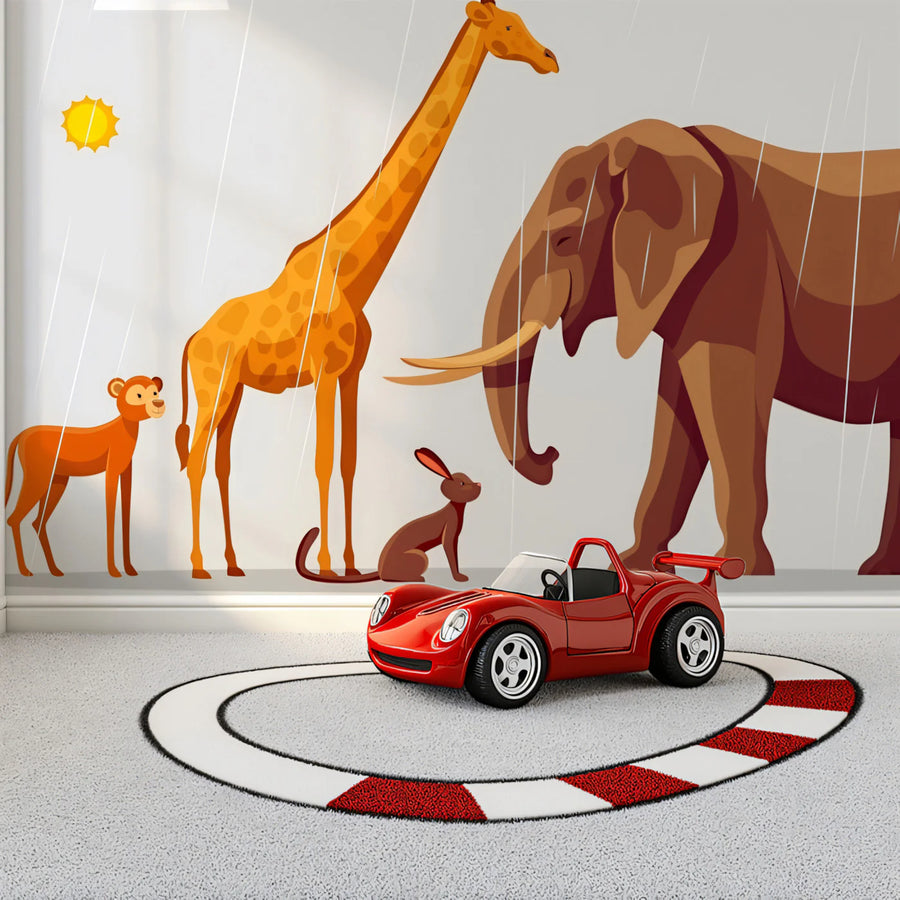 Safari Animals Rain Mural Wallpaper — Playful Nursery Illustration Mural Wallpaper