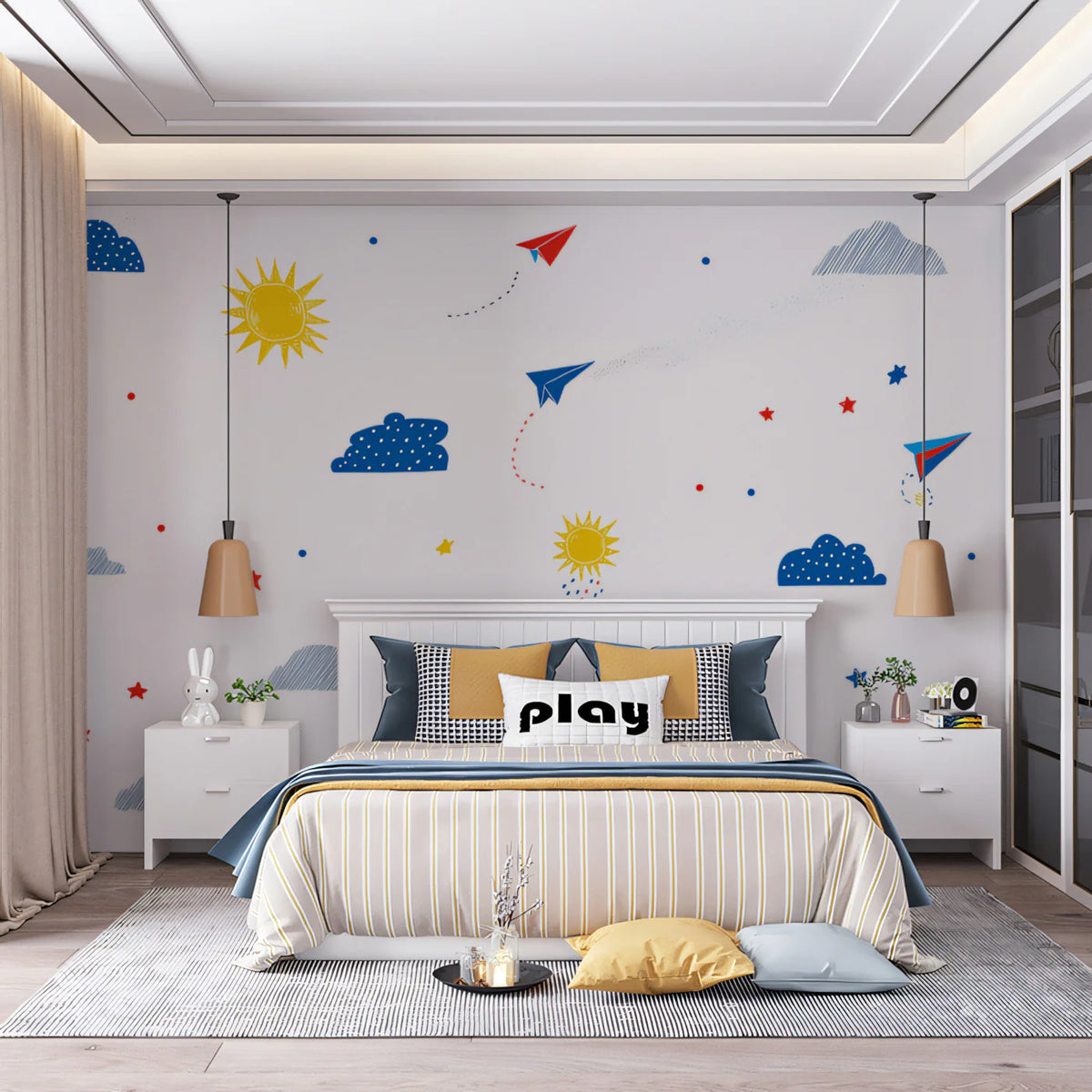 Paper Airplane Sky Mural Wallpaper — Playful Doodle Pattern Mural Wallpaper - pure wallpaper artwork