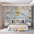 Cartoon City Map Mural Wallpaper in Sunny Yellow and Soft Blue Mural Wallpaper - pure wallpaper artwork