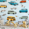Retro Transportation Mural Wallpaper — Classic Vehicles in Sky Blue Mural Wallpaper - pure wallpaper artwork