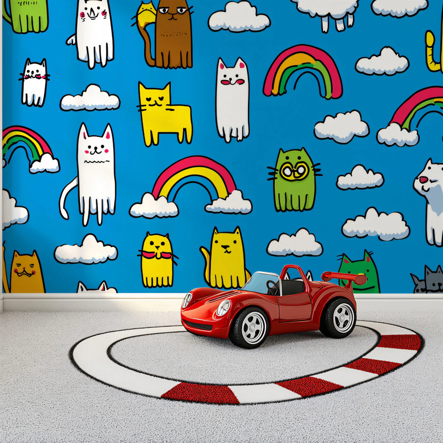 Playful Cat and Rainbow Doodle Mural Wallpaper — Vibrant Kids Style Mural Wallpaper