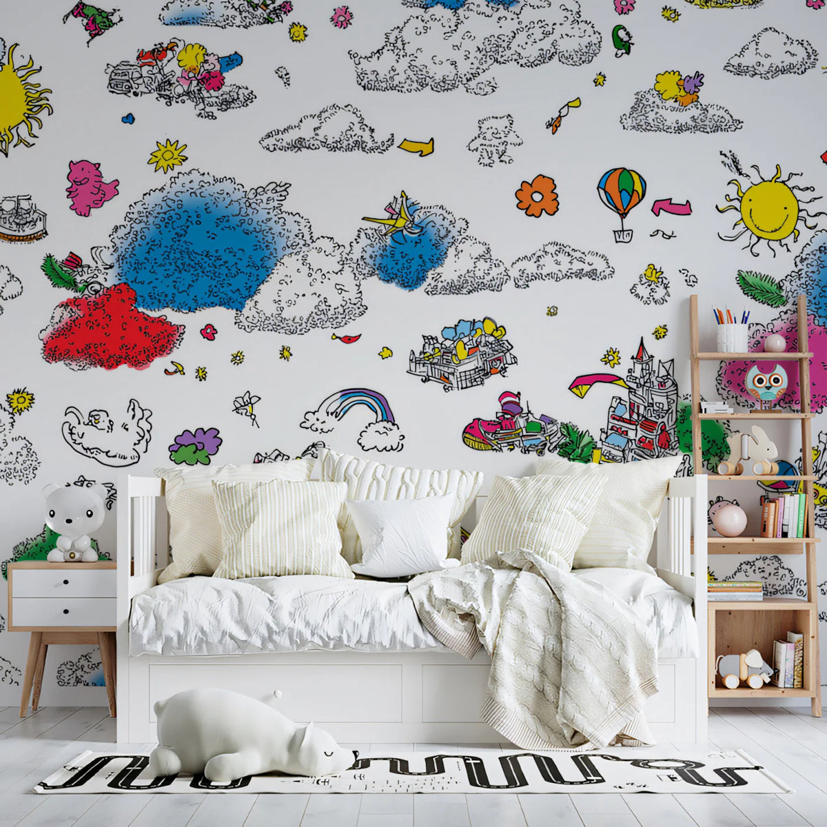Whimsical Doodle Townscape Mural Wallpaper — Playful Pattern Mural Wallpaper - pure wallpaper artwork