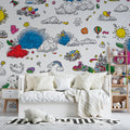 Whimsical Doodle Townscape Mural Wallpaper — Playful Pattern Mural Wallpaper - pure wallpaper artwork