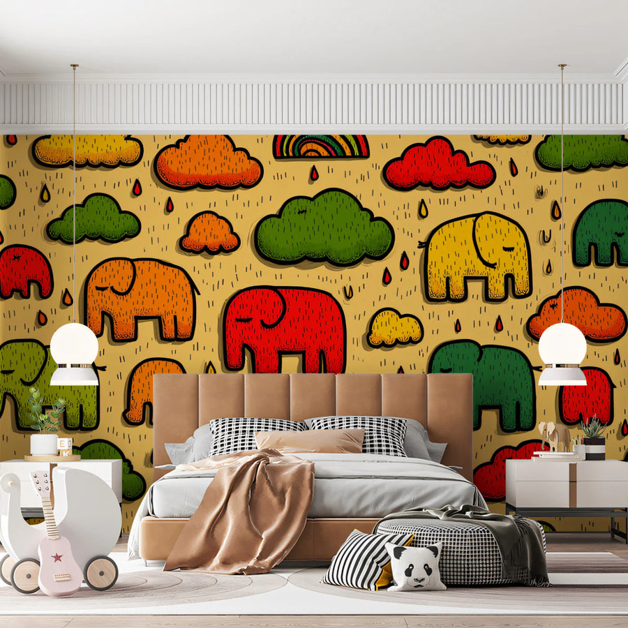 Playful Elephant Rain Mural Wallpaper — Vibrant Pop Art Pattern Mural Wallpaper