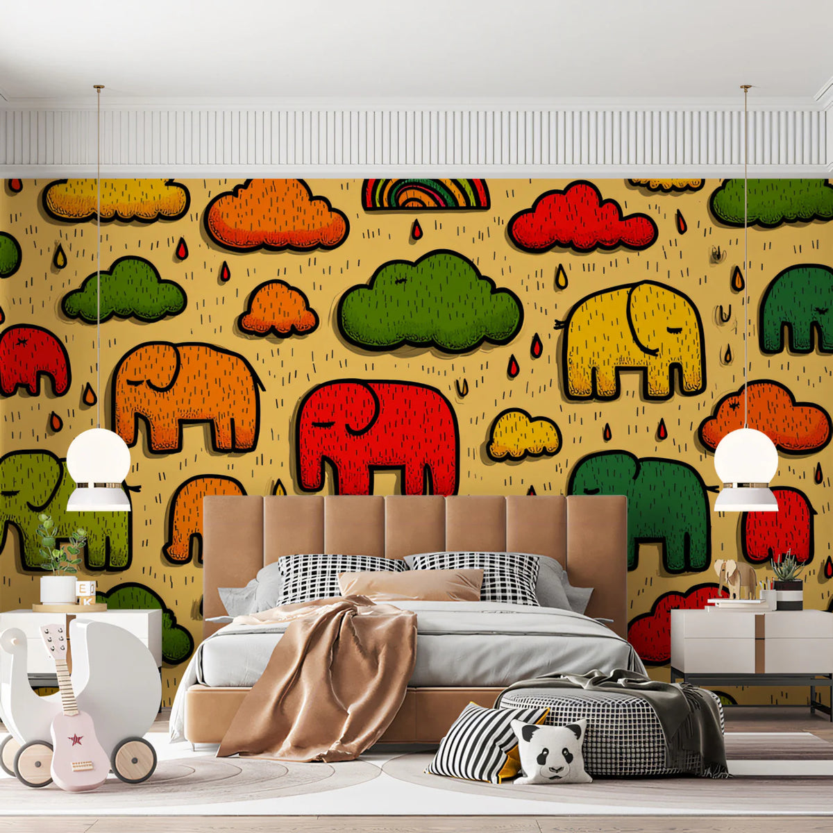 Playful Elephant Rain Mural Wallpaper — Vibrant Pop Art Pattern Mural Wallpaper - pure wallpaper artwork