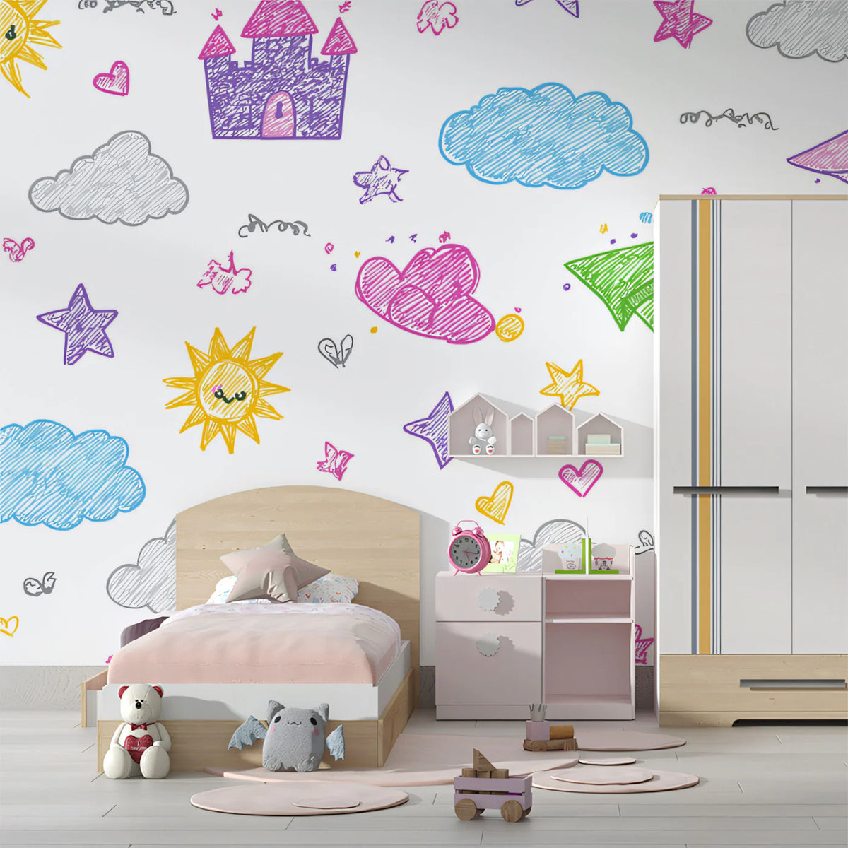 Doodle Kingdom Mural Wallpaper —Whimsical Hand-Drawn Design Mural Wallpaper - pure wallpaper artwork