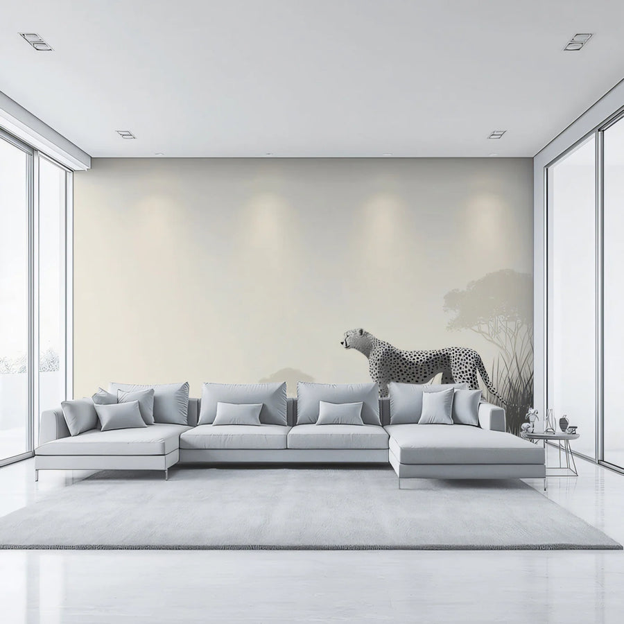 Minimalist Cheetah Savanna Mural Wallpaper — Modern Safari Style Mural Wallpaper