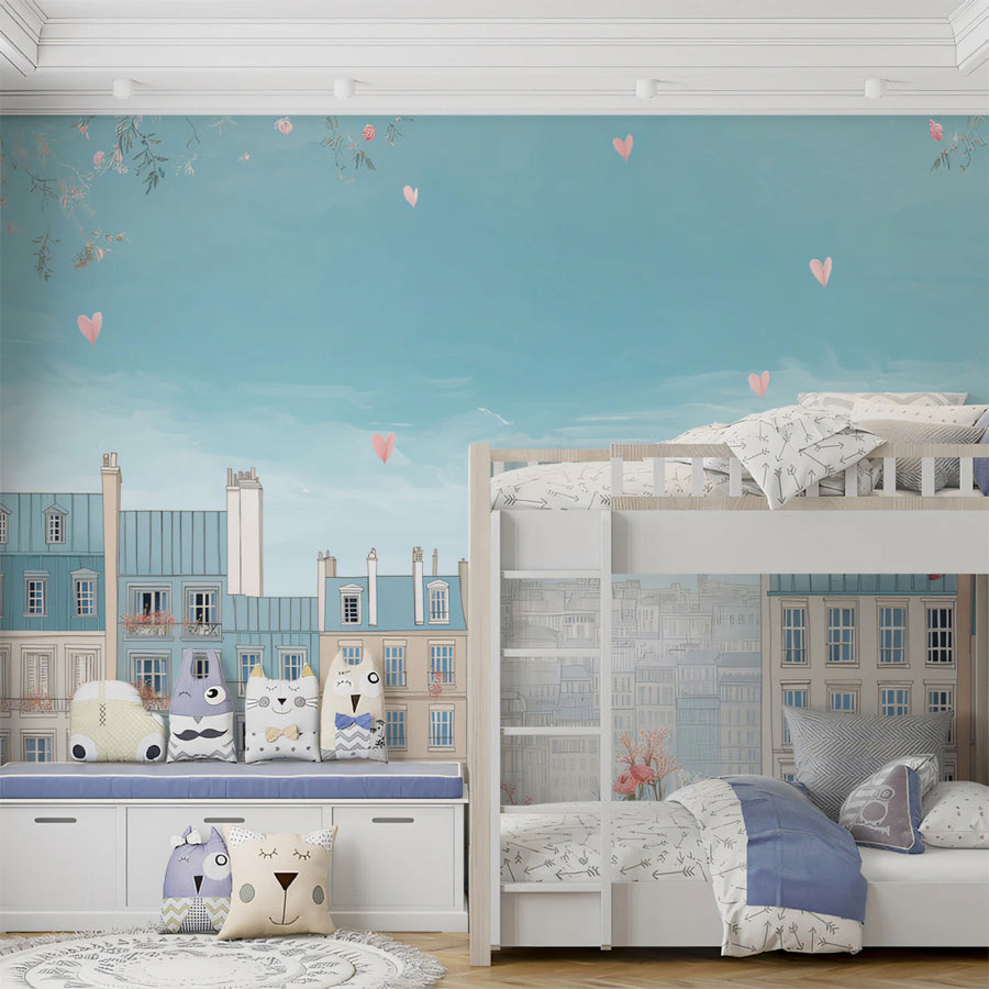 Parisian Morning Cityscape Mural Wallpaper — Whimsical Pastel View Mural Wallpaper