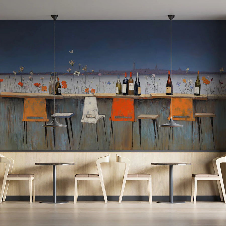 Coastal Bistro Floral Mural Wallpaper — Painterly Skyline View Mural Wallpaper