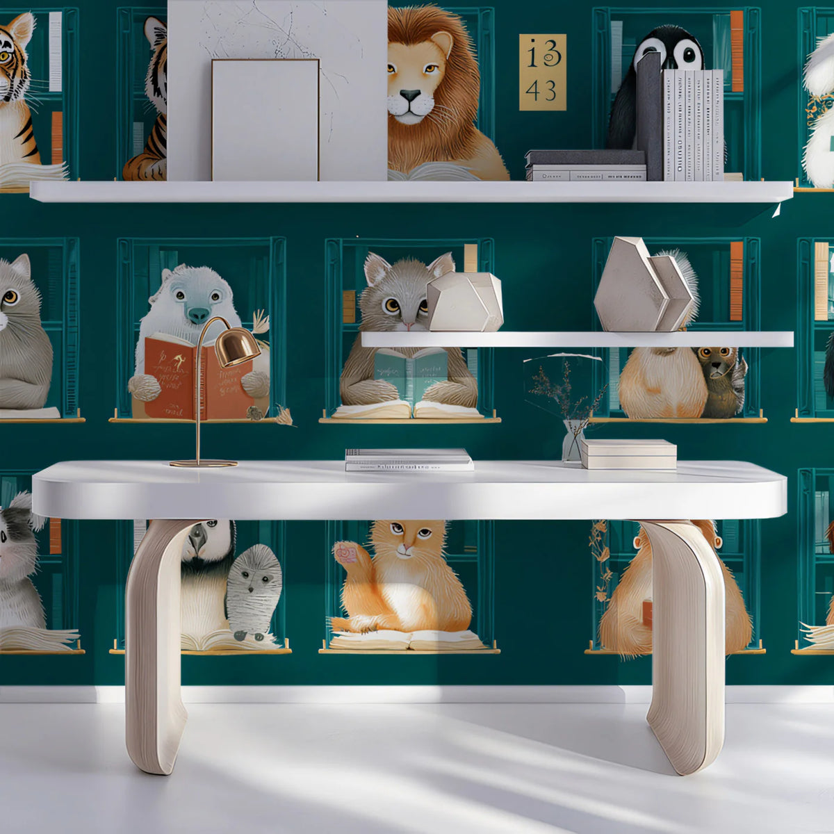 Literary Animals Library Mural Wallpaper — Whimsical Teal Bookshelf Mural Wallpaper - pure wallpaper artwork