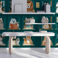 Literary Animals Library Mural Wallpaper — Whimsical Teal Bookshelf Mural Wallpaper - pure wallpaper artwork