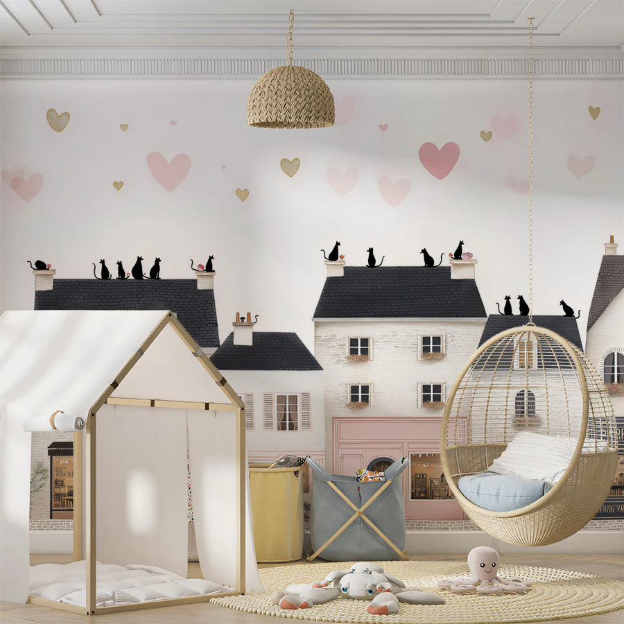 French Boutique Row Mural Wallpaper — Playful Parisian Street Scene Mural Wallpaper