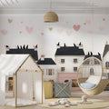 French Boutique Row Mural Wallpaper — Playful Parisian Street Scene Mural Wallpaper - pure wallpaper artwork