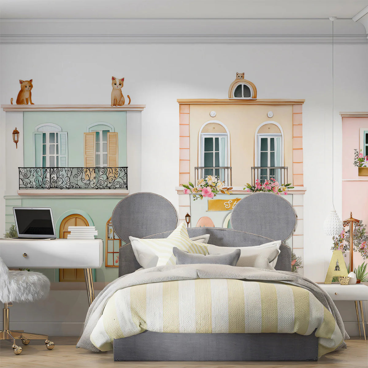 Charming European Storefronts Mural Wallpaper — Whimsical Townhouse Art Mural Wallpaper - pure wallpaper artwork