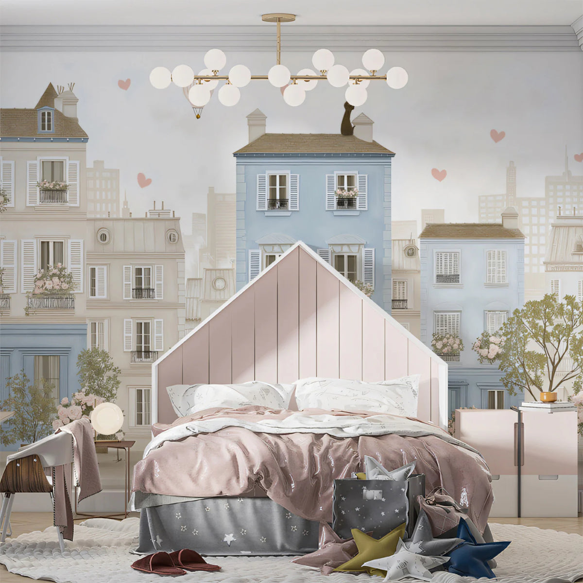 Parisian Street Scene Mural Wallpaper — Soft Floral Illustration Mural Wallpaper - pure wallpaper artwork