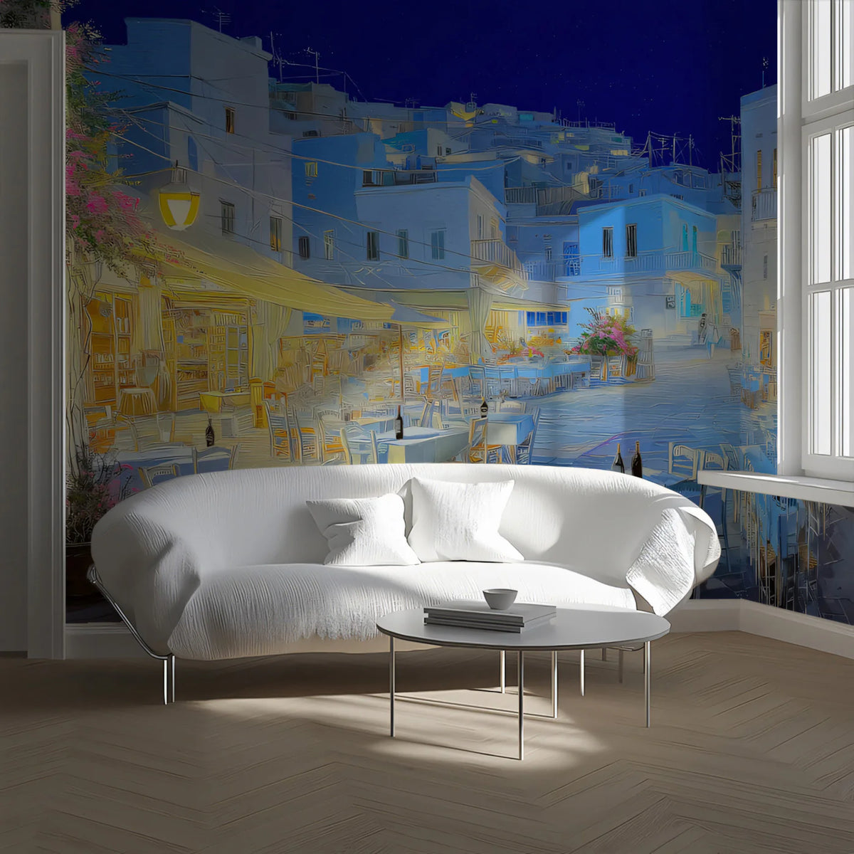 Aegean Night Village Mural Wallpaper — Impressionistic Island Scene Mural Wallpaper - pure wallpaper artwork