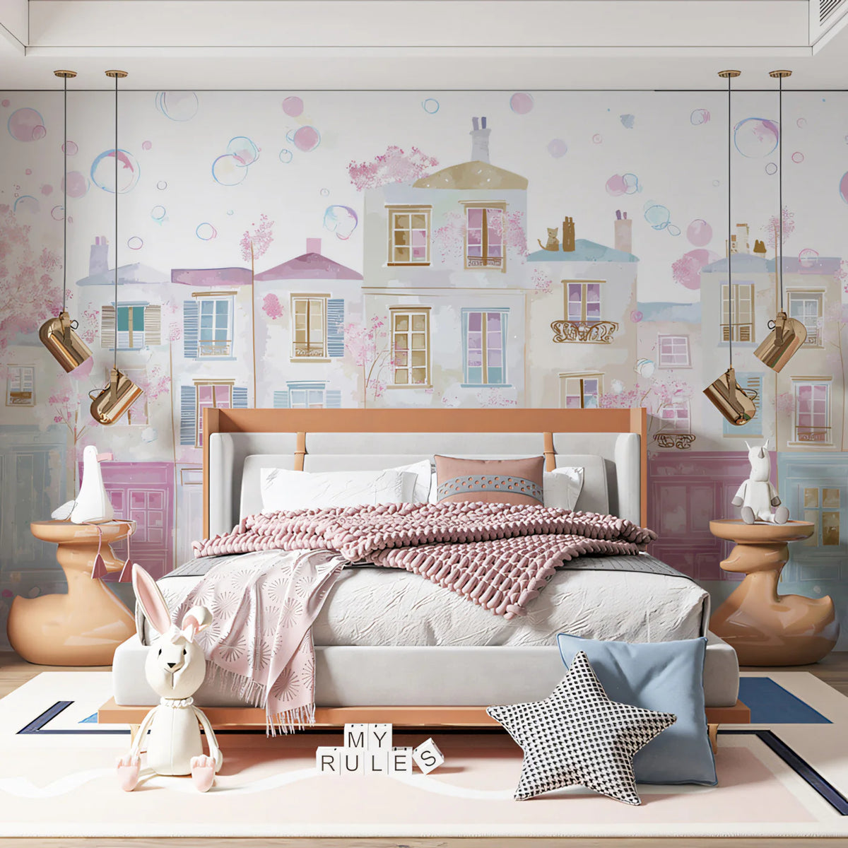 Parisian Spring Street Mural Wallpaper — Whimsical Watercolor Art Mural Wallpaper - pure wallpaper artwork