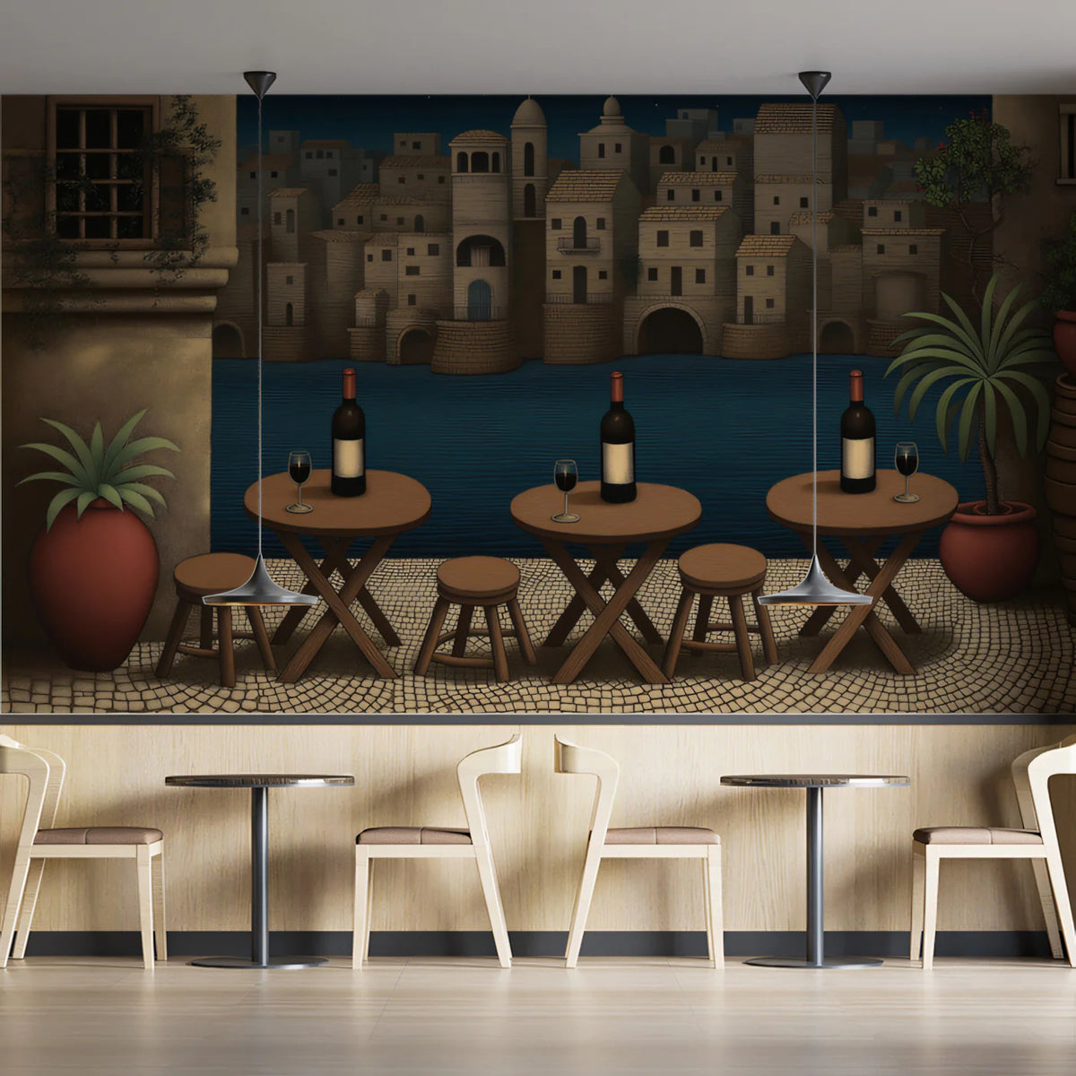 Mediterranean Stone Town Terrace Mural Wallpaper — Nighttime Scene Mural Wallpaper - pure wallpaper artwork