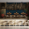 Mediterranean Stone Town Terrace Mural Wallpaper — Nighttime Scene Mural Wallpaper - pure wallpaper artwork