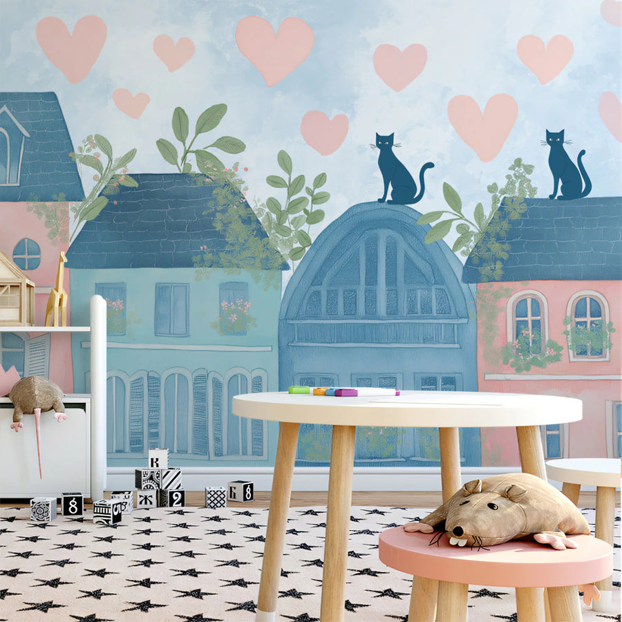 Pastel Rooftop Cats Mural Wallpaper — Whimsical City Illustration Mural Wallpaper
