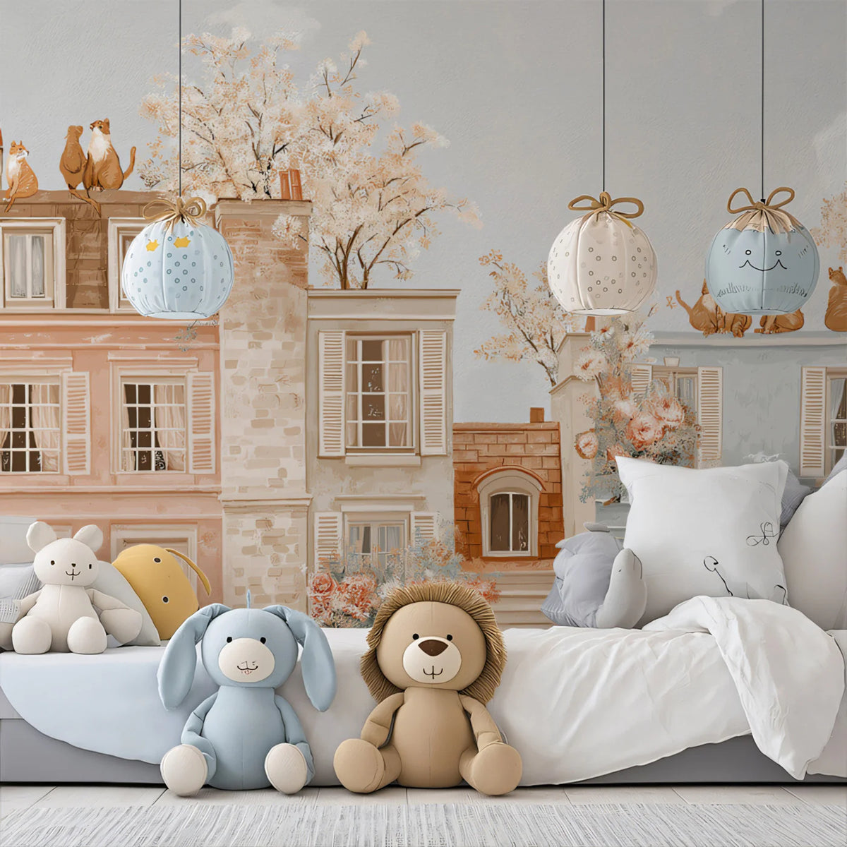 Terrace Cats Cityscape Mural Wallpaper — Warm Painterly European Vibe Mural Wallpaper - pure wallpaper artwork
