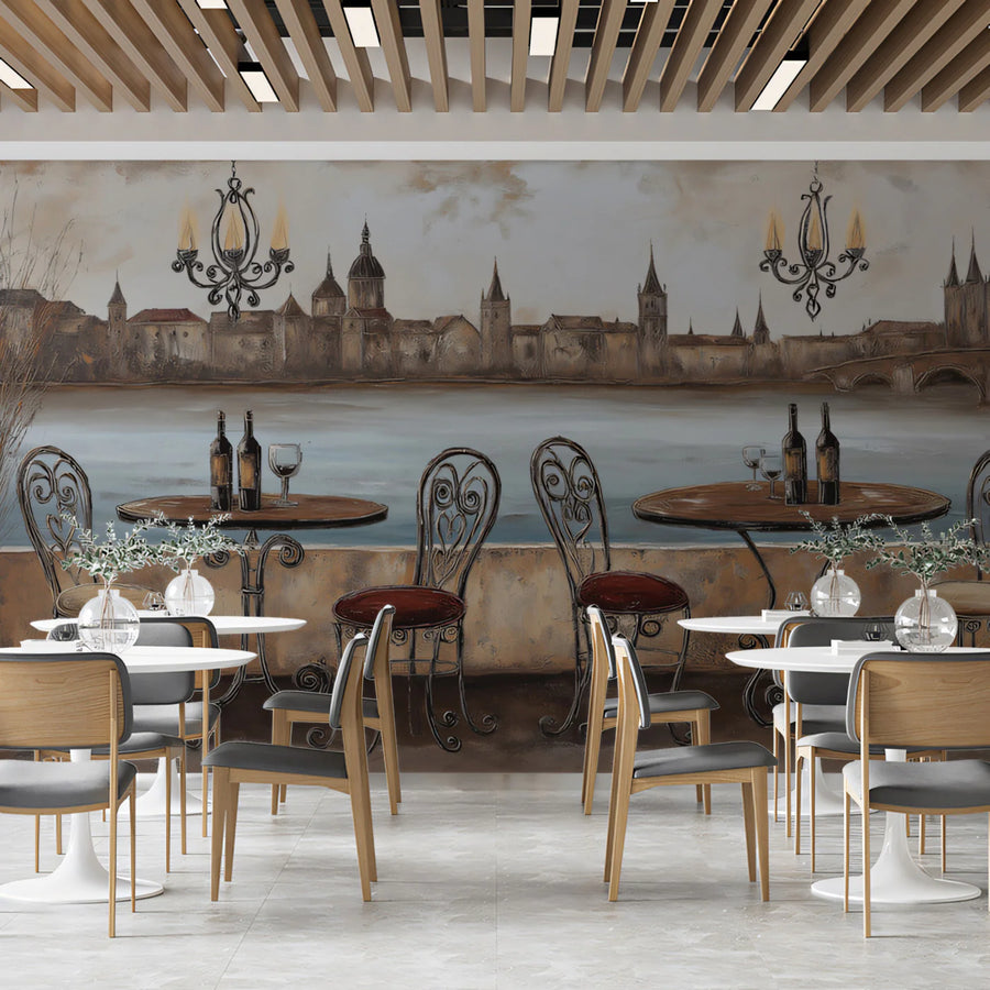 European Riverside Terrace Mural Wallpaper — Vintage Oil Painting Mural Wallpaper